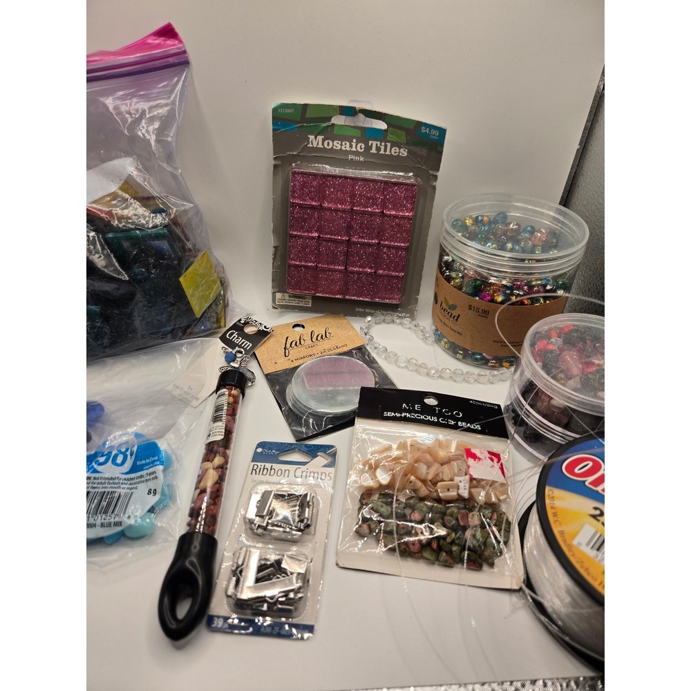 Mixed Craft Jewelry Supply Lot Mosaic Tiles Beads Zebco Line Ribbon Crimps